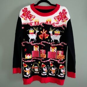 Womens medium Ugly Christmas sweater office party reindeer presents penguins